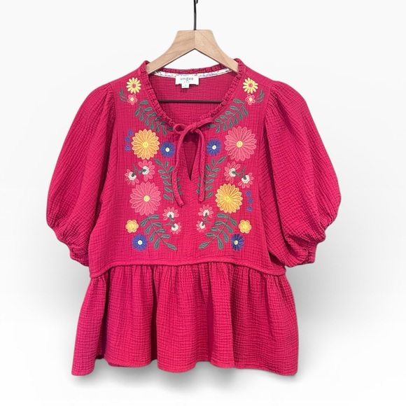 Umgee Tops - Umgee Cotton Gauze Floral Embroidery Babydoll Blouse in Deep Rose Size Small